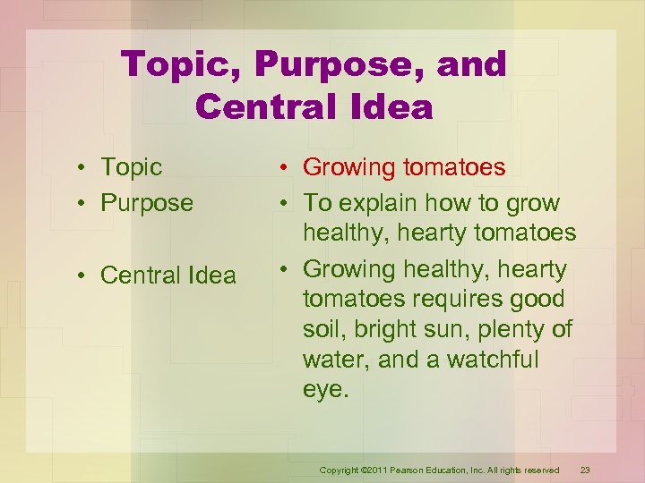 Topic, Purpose, and Central Idea • Topic • Purpose • Central Idea • Growing
