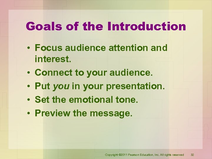Goals of the Introduction • Focus audience attention and interest. • Connect to your