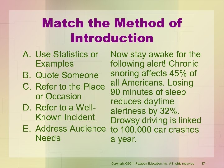 Match the Method of Introduction A. Use Statistics or Examples B. Quote Someone C.