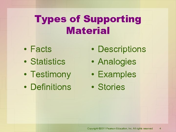 Types of Supporting Material • • Facts Statistics Testimony Definitions • • Descriptions Analogies
