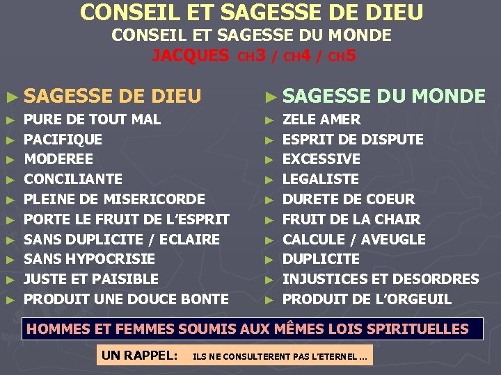 CONSEIL ET SAGESSE DE DIEU CONSEIL ET SAGESSE DU MONDE JACQUES CH 3 /