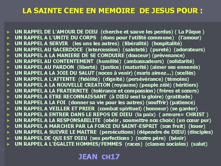 LA SAINTE CENE EN MEMOIRE DE JESUS POUR : ► ► ► ► ►