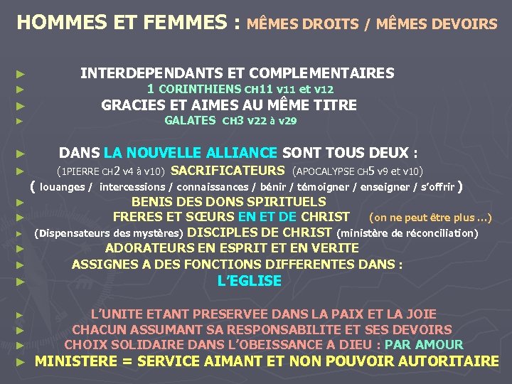 HOMMES ET FEMMES : MÊMES DROITS / MÊMES DEVOIRS ► ► ► INTERDEPENDANTS ET