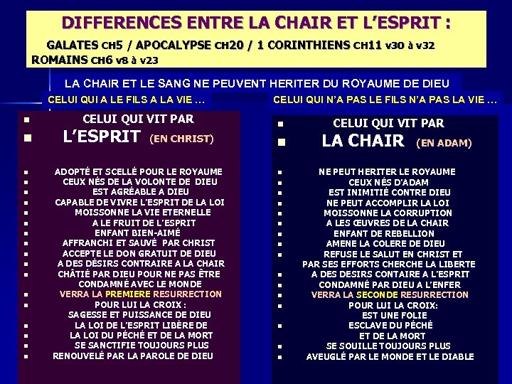  DIFFERENCES ENTRE LA CHAIR ET L’ESPRIT : GALATES CH 5 / APOCALYPSE CH