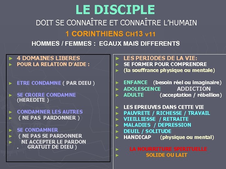 LE DISCIPLE DOIT SE CONNAÎTRE ET CONNAÎTRE L’HUMAIN 1 CORINTHIENS CH 13 v 11