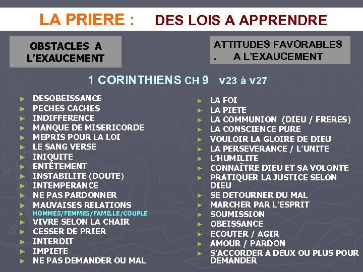 LA PRIERE : DES LOIS A APPRENDRE ATTITUDES FAVORABLES. A L’EXAUCEMENT OBSTACLES A L’EXAUCEMENT