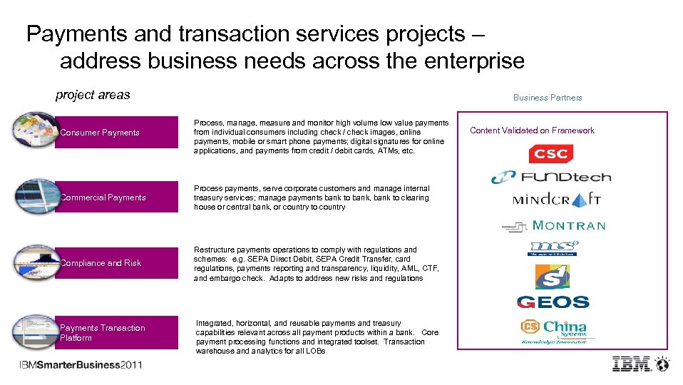 Payments and transaction services projects – address business needs across the enterprise project areas