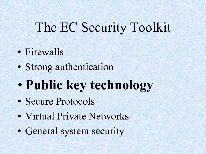 The EC Security Toolkit • Firewalls • Strong authentication • Public key technology •