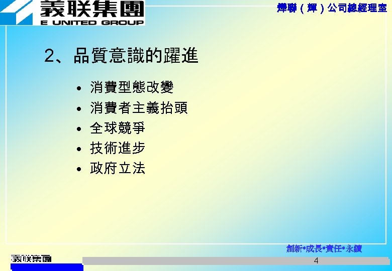 燁聯（輝）公司總經理室 2、品質意識的躍進 • • • 消費型態改變 消費者主義抬頭 全球競爭 技術進步 政府立法 創新 成長 責任 永續