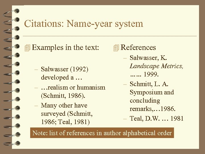 Citations: Name-year system 4 Examples in the text: – Salwasser (1992) developed a …