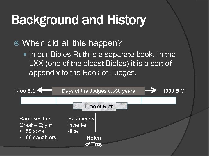 Background and History When did all this happen? In our Bibles Ruth is a