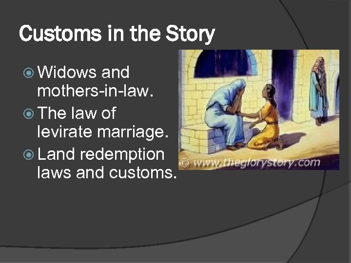 Customs in the Story Widows and mothers-in-law. The law of levirate marriage. Land redemption