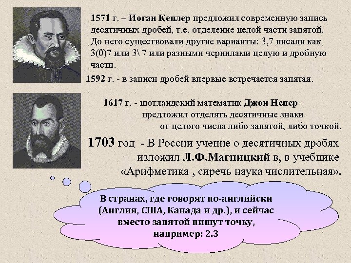 1571 г. – Иоган Кеплер предложил современную запись десятичных дробей, т. е. отделение целой