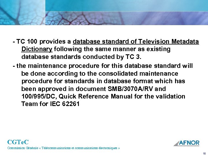  TC 100 provides a database standard of Television Metadata Dictionary following the same