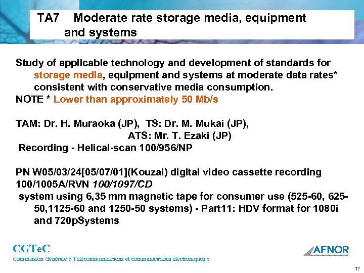  TA 7 Moderate storage media, equipment and systems Study of applicable technology and
