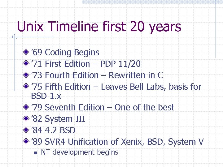 Unix Timeline first 20 years ’ 69 Coding Begins ’ 71 First Edition –