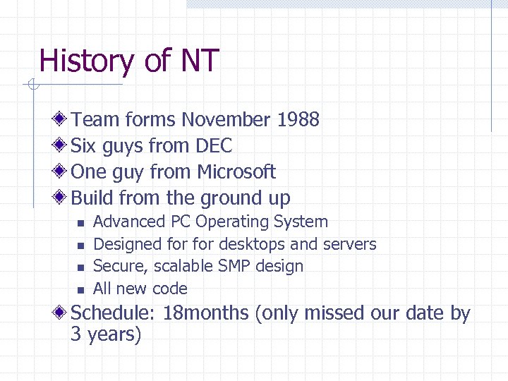 History of NT Team forms November 1988 Six guys from DEC One guy from