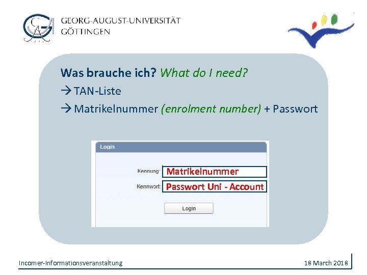 Was brauche ich? What do I need? TAN-Liste Matrikelnummer (enrolment number) + Passwort Matrikelnummer