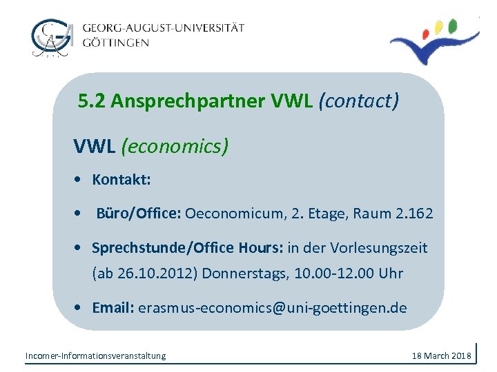 5. 2 Ansprechpartner VWL (contact) VWL (economics) • Kontakt: • Büro/Office: Oeconomicum, 2. Etage,