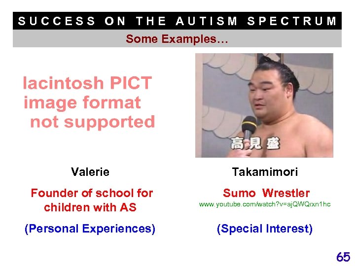 SUCCESS ON THE AUTISM SPECTRUM Some Examples… Valerie Takamimori Founder of school for children