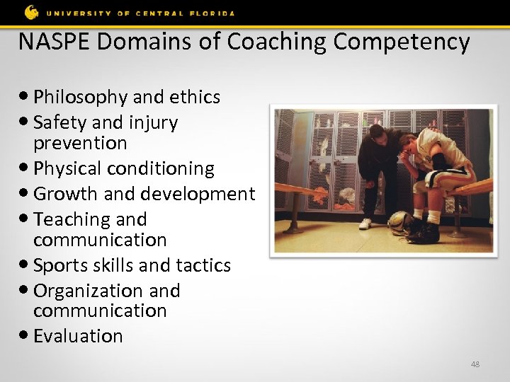 NASPE Domains of Coaching Competency Philosophy and ethics Safety and injury prevention Physical conditioning