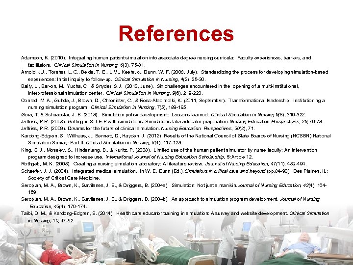 References Adamson, K. (2010). Integrating human patient simulation into associate degree nursing curricula: Faculty