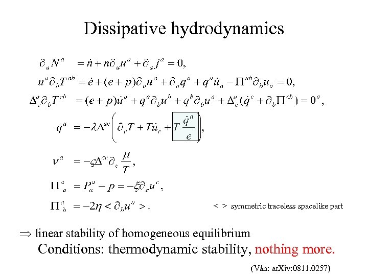 Dissipative hydrodynamics < > symmetric traceless spacelike part linear stability of homogeneous equilibrium Conditions:
