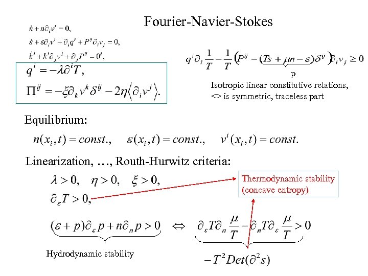 Fourier-Navier-Stokes p Isotropic linear constitutive relations, <> is symmetric, traceless part Equilibrium: Linearization, …,