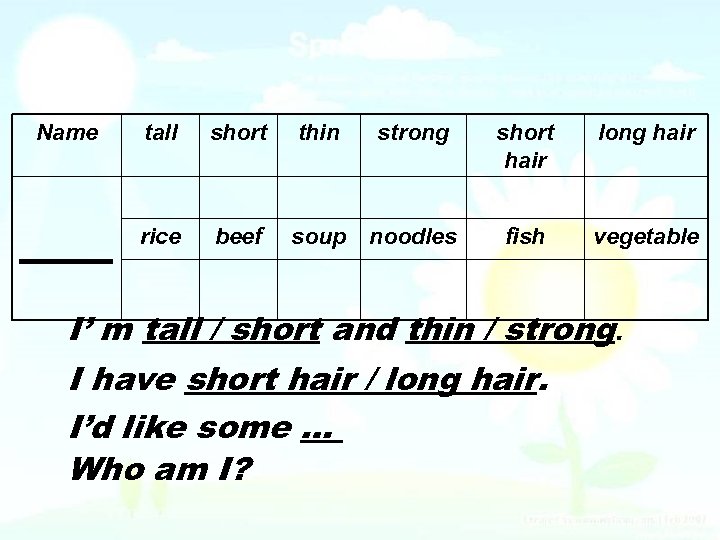 Name tall short thin strong ______ rice beef soup noodles short hair long hair