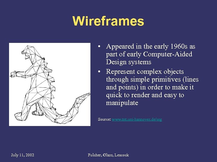 Wireframes • Appeared in the early 1960 s as part of early Computer-Aided Design
