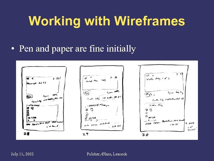 Working with Wireframes • Pen and paper are fine initially July 11, 2002 Fulcher,