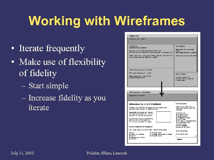 Working with Wireframes • Iterate frequently • Make use of flexibility of fidelity –