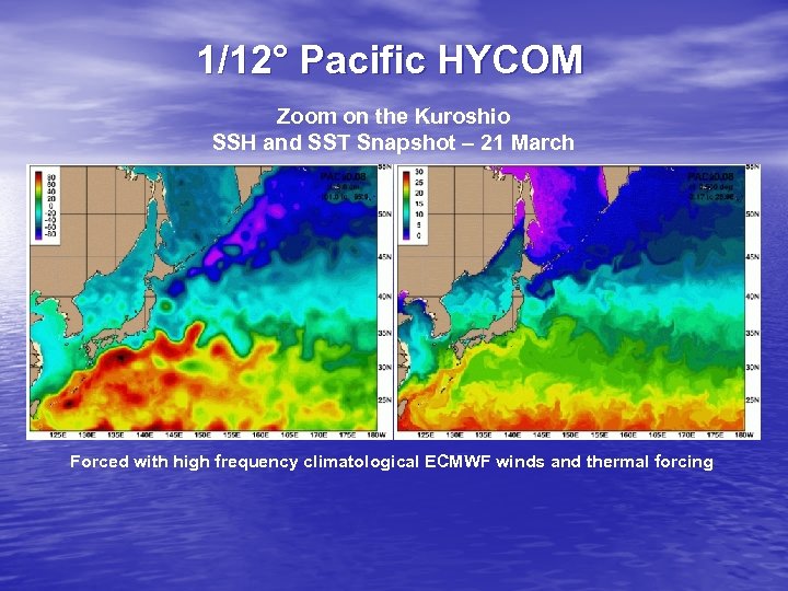 1/12° Pacific HYCOM Zoom on the Kuroshio SSH and SST Snapshot – 21 March