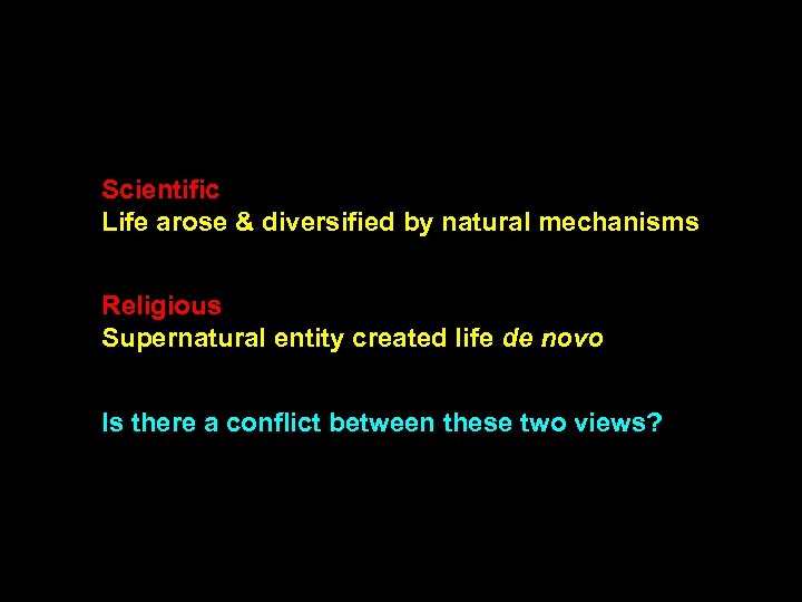 Scientific Life arose & diversified by natural mechanisms Religious Supernatural entity created life de