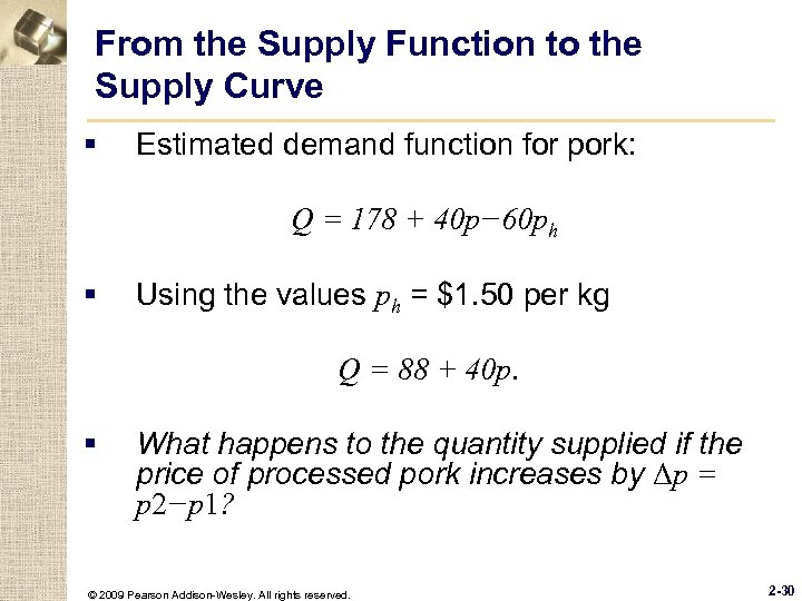 From the Supply Function to the Supply Curve § Estimated demand function for pork: