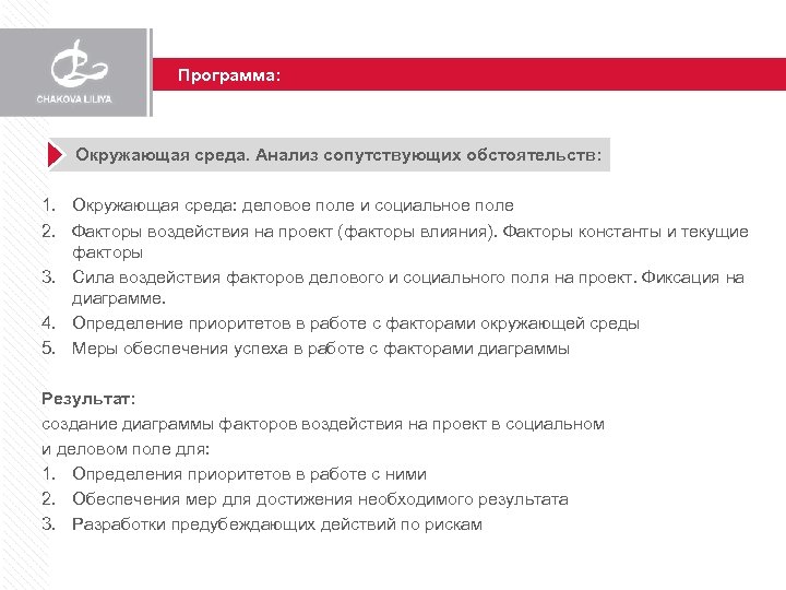 Программа: Окружающая среда. Анализ сопутствующих обстоятельств: 1. Окружающая среда: деловое поле и социальное поле