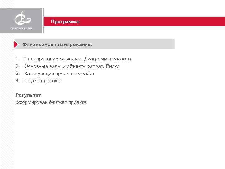 Программа: Финансовое планирование: 1. 2. 3. 4. Планирование расходов. Диаграммы расчета Основные виды и