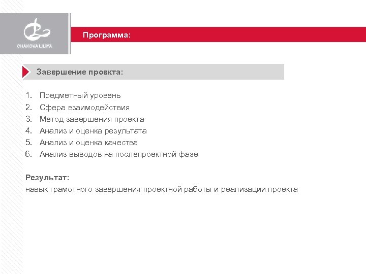 Программа: Завершение проекта: 1. 2. 3. 4. 5. 6. Предметный уровень Сфера взаимодействия Метод