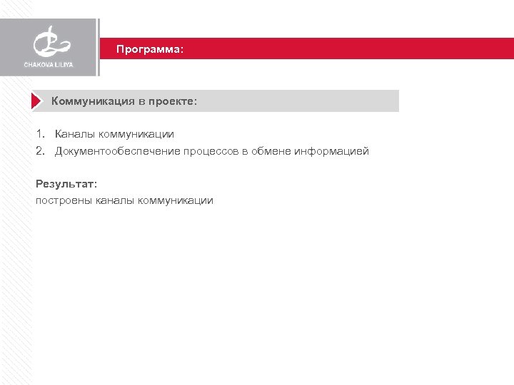 Программа: Коммуникация в проекте: 1. Каналы коммуникации 2. Документообеспечение процессов в обмене информацией Результат: