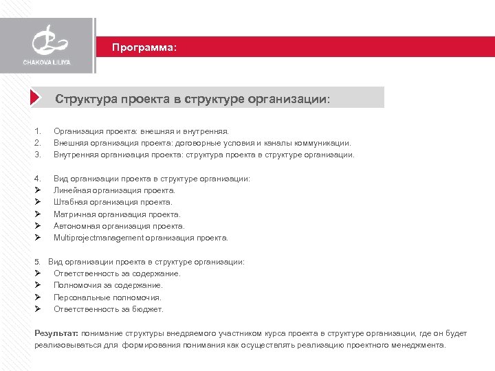 Программа: Структура проекта в структуре организации: 1. 2. 3. Организация проекта: внешняя и внутренняя.
