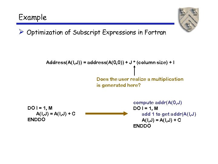 Example Ø Optimization of Subscript Expressions in Fortran Address(A(I, J)) = address(A(0, 0)) +