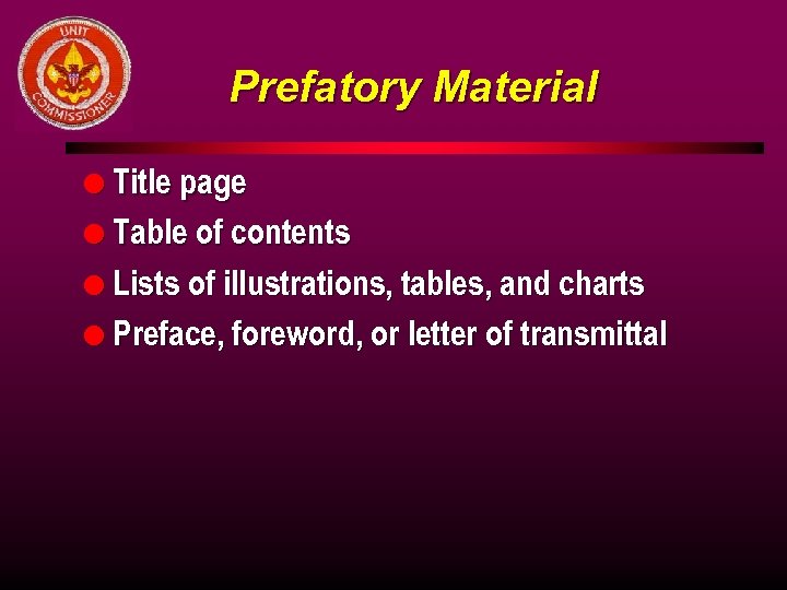 Prefatory Material l Title page l Table of contents l Lists of illustrations, tables,