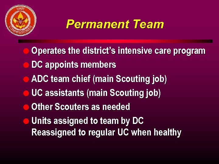 Permanent Team l Operates the district’s intensive care program l DC appoints members l