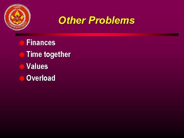 Other Problems l Finances l Time together l Values l Overload 