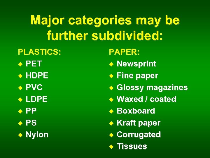 Major categories may be further subdivided: PLASTICS: u PET u HDPE u PVC u