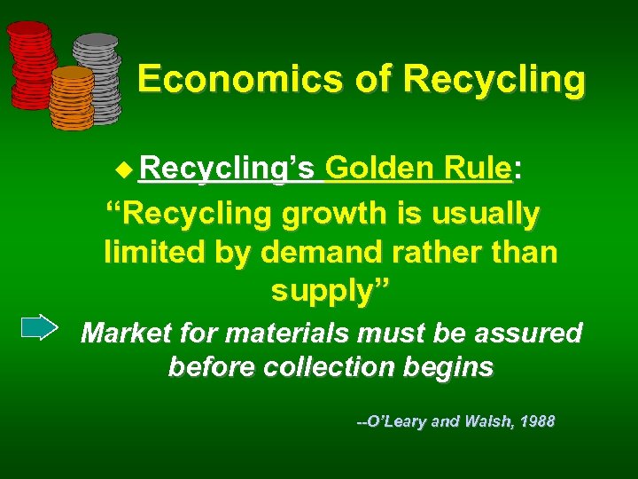 Economics of Recycling u Recycling’s Golden Rule: “Recycling growth is usually limited by demand