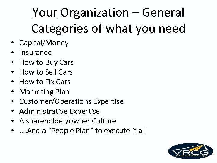 Your Organization – General Categories of what you need • • • Capital/Money Insurance