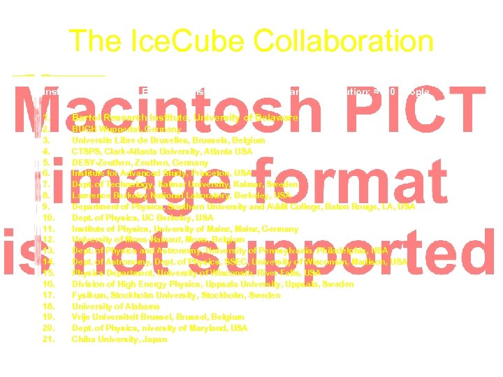 The Ice. Cube Collaboration Institutions: 11 US, 9 European institutions and 1 Japanese institution;