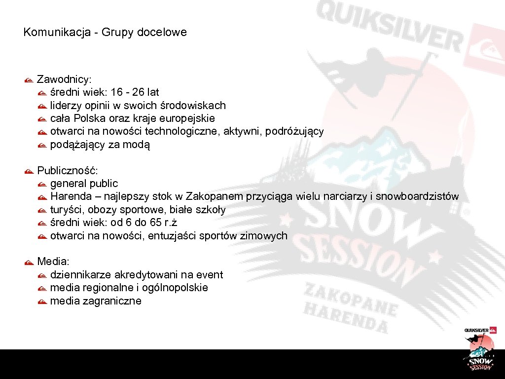 Komunikacja - Grupy docelowe Zawodnicy: średni wiek: 16 - 26 lat liderzy opinii w