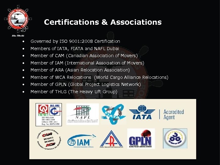 Certifications & Associations • Governed by ISO 9001: 2008 Certification • Members of IATA,